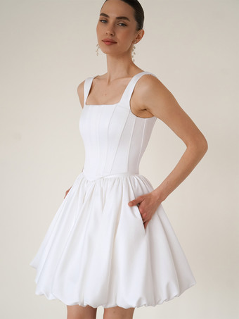 ホワイトブライダルミニドレス ショートウェディングドレス スクエアネック ノースリーブ ショート ショートブライダルガウン