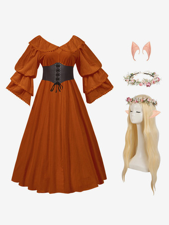 オレンジレディース レトロ 中世 コスチューム フリル ポリエステル マリー アントワネット コスチューム セット