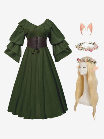 ダークグリーンレディース レトロ 中世 コスチューム フリル ポリエステル マリー アントワネット コスチューム セット