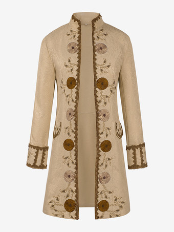 カーキ メンズ ヴィンテージ コスチューム トップ ロイヤル ジャカード 長袖 オーバーコート バーガンディ