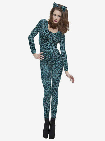 ブルー アニマル全身タイツ ハロウィン 女性用セクシーキャットスーツ ヒョウ柄 全身タイツ コスチューム