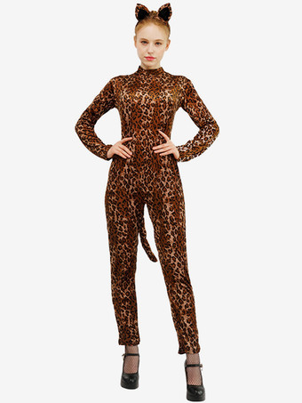 ブラウンアニマル全身タイツ ハロウィン 大人用キャットスーツ ヒョウ柄 ポリエステル コスチューム セット