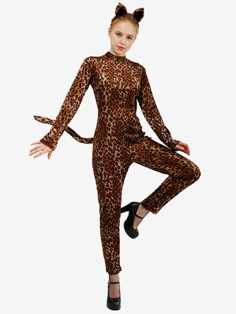 アニマル全身タイツ ハロウィン 大人用キャットスーツ ヒョウ柄 ポリエステル コスチューム セット