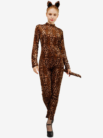 アニマル全身タイツ ハロウィン 大人用キャットスーツ ヒョウ柄 ポリエステル コスチューム セット