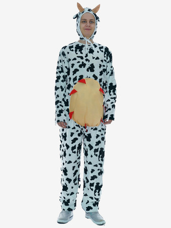 ホワイト 大人用着ぐるみ おもしろい牛ワンジー ジャンプスーツ 帽子付き