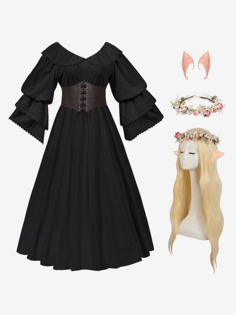ブラック レディース レトロ 中世 コスチューム フリル ポリエステル マリー アントワネット コスチューム セット