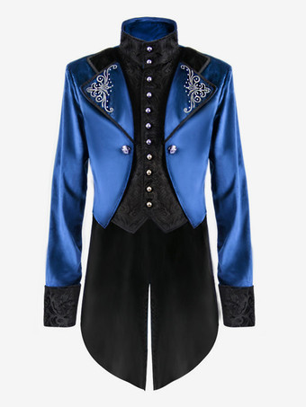 ブルー ヴィンテージタキシード中世ボタン花柄長袖オーバーコートレトロルネッサンスコスチューム中世のコスチューム バーガンディ