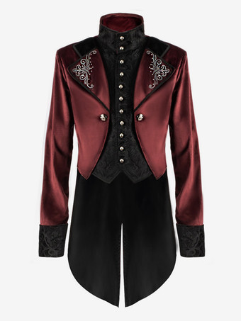 ワインレッド ヴィンテージタキシード中世ボタン花柄長袖オーバーコートレトロルネッサンスコスチューム中世のコスチューム バーガンディ