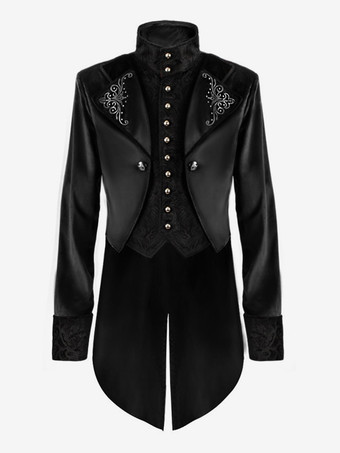 ブラック ヴィンテージタキシード中世ボタン花柄長袖オーバーコートレトロルネッサンスコスチューム中世のコスチューム バーガンディ