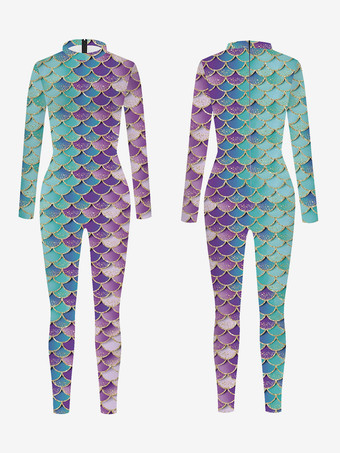 ライトグリーン パターニング全身タイツ ハロウィン 女性用セクシーキャットスーツ 魚鱗プリント ライクラ スパンデックス コスチューム