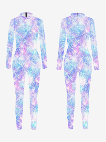 ライトスカイブルーパターニング全身タイツ ハロウィン 女性用セクシーキャットスーツ 魚鱗プリント ライクラ スパンデックス コスチューム