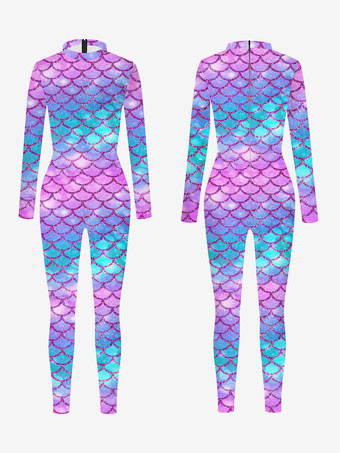 ラベンダーカラーパターニング全身タイツ ハロウィン 女性用セクシーキャットスーツ 魚鱗プリント ライクラ スパンデックス コスチューム