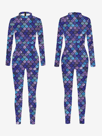 モーブ パターニング全身タイツ ハロウィン 女性用セクシーキャットスーツ 魚鱗プリント ライクラ スパンデックス コスチューム