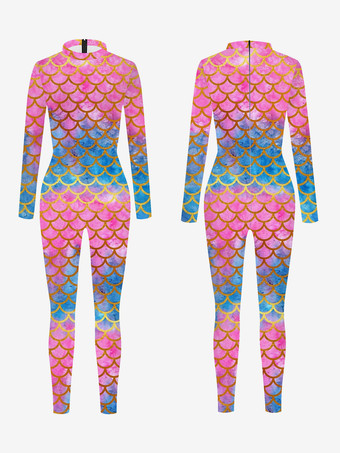 ピンクパターニング全身タイツ ハロウィン 女性用セクシーキャットスーツ 魚鱗プリント ライクラ スパンデックス コスチューム