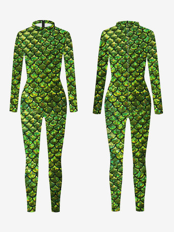 グリーン パターニング全身タイツ ハロウィン 女性用セクシーキャットスーツ 魚鱗プリント ライクラ スパンデックス コスチューム