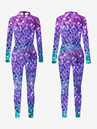 ブルー パターニング全身タイツ ハロウィン 女性用セクシーキャットスーツ 魚鱗プリント ライクラ スパンデックス コスチューム