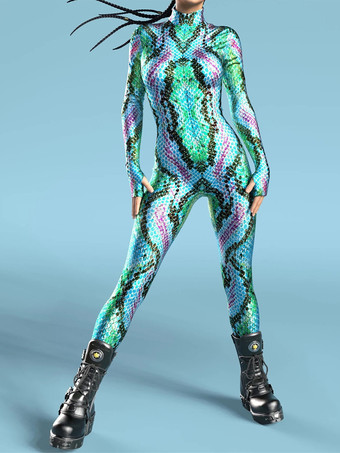 ライトグリーン パターニング全身タイツ ハロウィン 大人用全身タイツスーツ 魚鱗プリント ライクラ スパンデックス セクシーコスチューム
