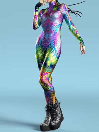 ライトスカイブルーパターニング全身タイツ ハロウィン 大人用全身タイツスーツ 魚鱗プリント ライクラ スパンデックス セクシーコスチューム