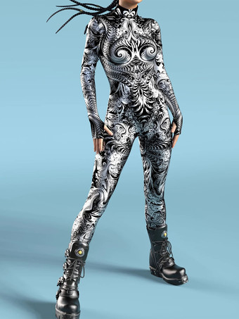 グレイパターニング全身タイツ ハロウィン 大人用全身タイツスーツ 魚鱗プリント ライクラ スパンデックス セクシーコスチューム