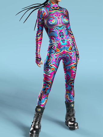 ローズレッドパターニング全身タイツ ハロウィン 大人用全身タイツスーツ 魚鱗プリント ライクラ スパンデックス セクシーコスチューム