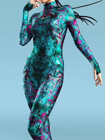 グリーン パターニング全身タイツ ハロウィン 大人用全身タイツスーツ 魚鱗プリント ライクラ スパンデックス セクシーコスチューム