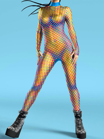 イエローパターニング全身タイツ ハロウィン 大人用全身タイツスーツ 魚鱗プリント ライクラ スパンデックス セクシーコスチューム
