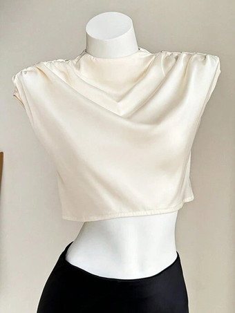 ホワイト スタンドカラーのサテンクロップトップ、レディースサマーブラウス 2025