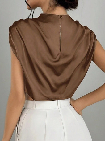 スタンドカラーのサテンクロップトップ、レディースサマーブラウス 2025