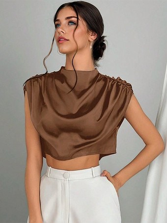 ブラウンスタンドカラーのサテンクロップトップ、レディースサマーブラウス 2025