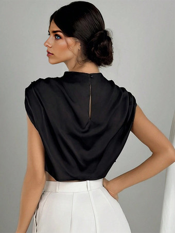 スタンドカラーのサテンクロップトップ、レディースサマーブラウス 2025