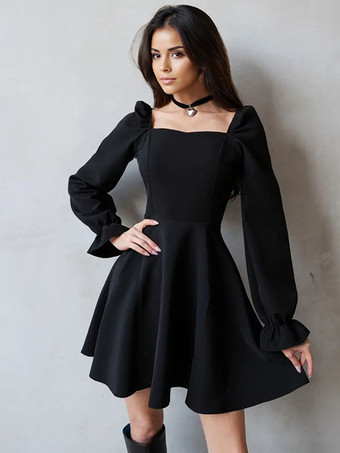 ブラック スケータードレス パフスリーブ スクエアネック Aライン 春 ミニドレス レディース 2025