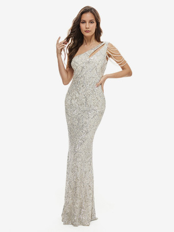 シルバー スパンコール マーメイド ガウン ワンショルダー フォーマル パーティー ロングドレス レディース 2025