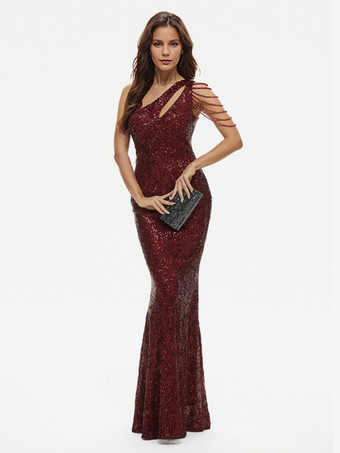 ワインレッド スパンコール マーメイド ガウン ワンショルダー フォーマル パーティー ロングドレス レディース 2025