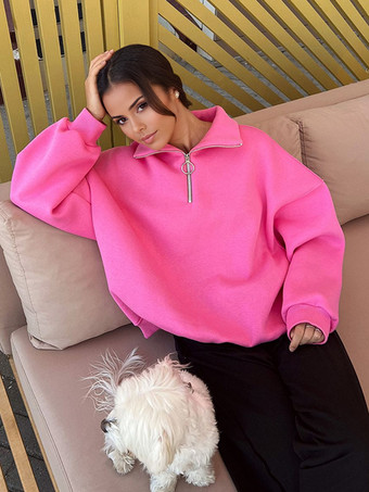ピンクオーバーサイズ ハーフジップ スウェットシャツ ドロップショルダー リラックスフィット 春 トップス レディース 2025