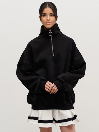 ブラック オーバーサイズ ハーフジップ スウェットシャツ ドロップショルダー リラックスフィット 春 トップス レディース 2025