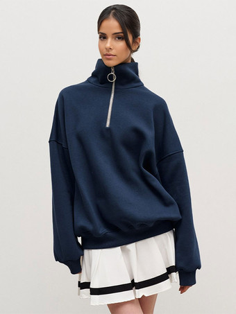 ダークネイビーオーバーサイズ ハーフジップ スウェットシャツ ドロップショルダー リラックスフィット 春 トップス レディース 2025