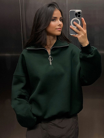 ダークグリーンオーバーサイズ ハーフジップ スウェットシャツ ドロップショルダー リラックスフィット 春 トップス レディース 2025