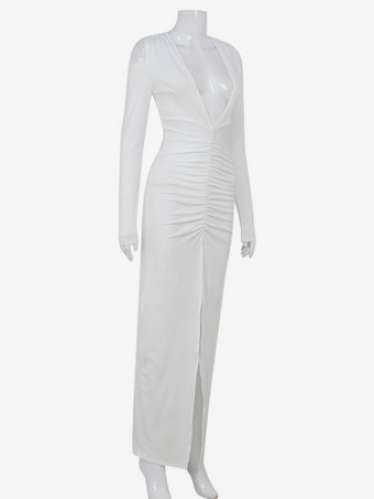 Long Bodycon Dress Deep V-Neck Long Sleeve Pleated Waist Sexy High-Slit Dress 2025