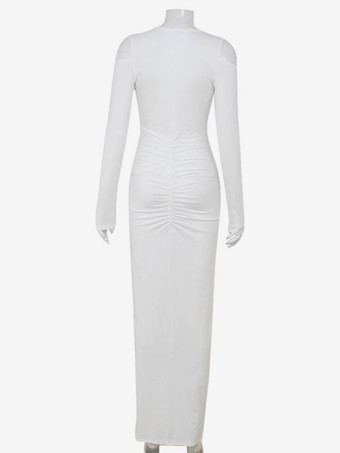 Long Bodycon Dress Deep V-Neck Long Sleeve Pleated Waist Sexy High-Slit Dress 2025