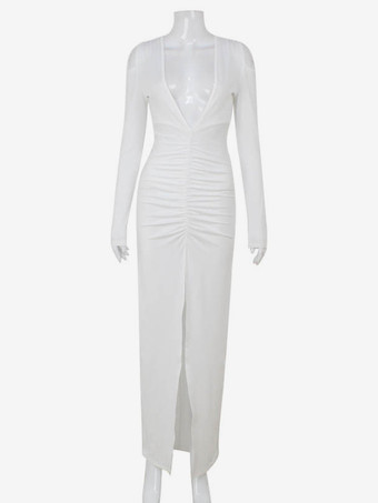 Long Bodycon Dress Deep V-Neck Long Sleeve Pleated Waist Sexy High-Slit Dress 2025