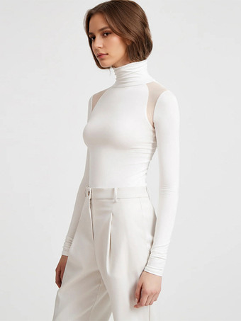 タートルネック ボディスーツ メッシュショルダー 長袖 スナップクロッチ トップス レディース 2025