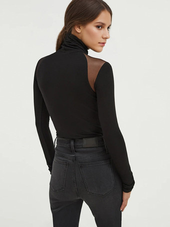 タートルネック ボディスーツ メッシュショルダー 長袖 スナップクロッチ トップス レディース 2025