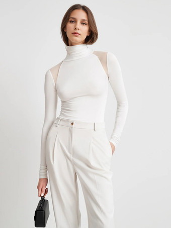 ホワイト タートルネック ボディスーツ メッシュショルダー 長袖 スナップクロッチ トップス レディース 2025