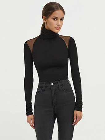 ブラック タートルネック ボディスーツ メッシュショルダー 長袖 スナップクロッチ トップス レディース 2025