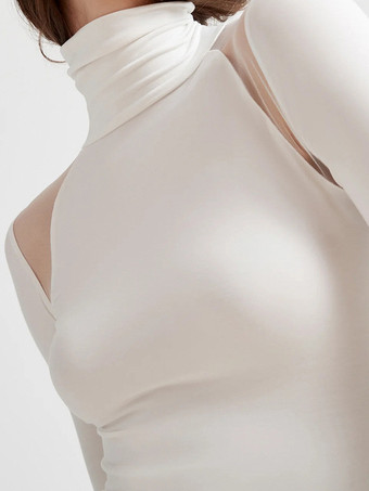 タートルネック ボディスーツ メッシュショルダー 長袖 スナップクロッチ トップス レディース 2025