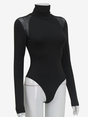 タートルネック ボディスーツ メッシュショルダー 長袖 スナップクロッチ トップス レディース 2025