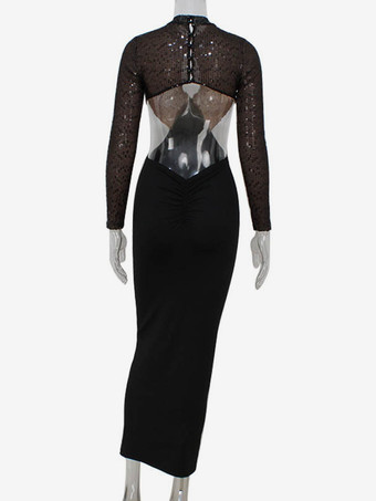 ブラック ボディコンドレス ハイネック カットアウト ウエスト ロングドレス レディース 2026