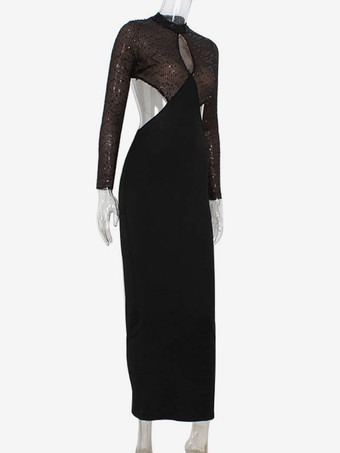 ブラック ボディコンドレス ハイネック カットアウト ウエスト ロングドレス レディース 2026