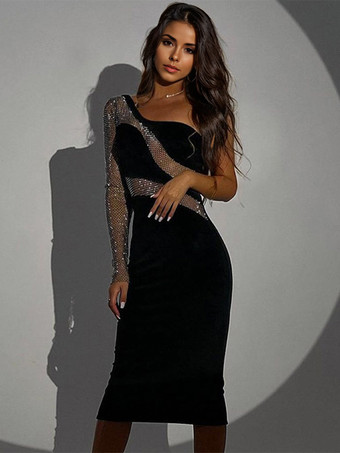 ワンショルダーのブラックシアーボディコンドレス、セクシーなミディクラブドレス、女性用 2026