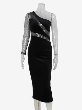 ワンショルダーのブラックシアーボディコンドレス、セクシーなミディクラブドレス、女性用 2026